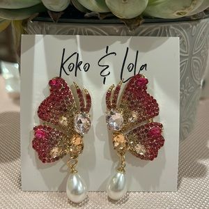 Pink Swarovski Crystal Butterfly Stud Statement Earrings with Faux Pearl